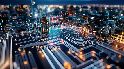 Poster - Futuristic cityscape with glowing circuit board elements illuminating the night