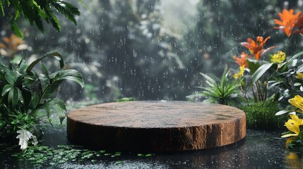 Poster - A wooden podium sits amid a lush landscape filled with colorful flowers and greenery. Gentle rain falls, enhancing the vibrant atmosphere of spring as nature comes alive around the podium.