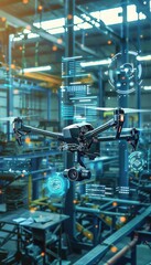 Wall Mural - Futuristic Drone Inspection in High-Tech Automated Manufacturing Facility for Real-Time Analytics