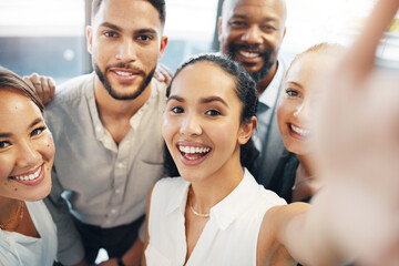 Poster - Selfie, creative and group of friends, bonding and celebration for collaboration, smile and social media. Happy, photography and profile picture for people, teamwork and success in company and joy