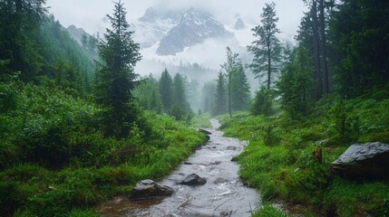 Poster - Morning light filters through mist as a serene stream winds through a vibrant green forest. Towering mountains loom in the background, adding to the tranquil beauty of the scene