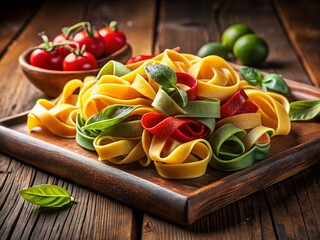 Wall Mural - Rustic Silhouette of Pappardelle Pasta on Wooden Tray - Warm, Cozy Food Photography