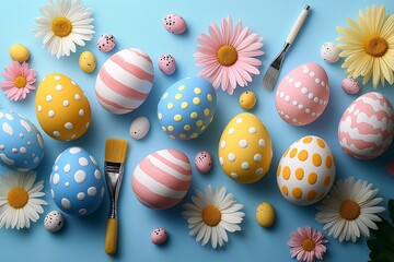 Wall Mural - Colorful Easter eggs arranged on a blue background, featuring various designs and flowers. Concept includes Easter egg decorating tips for creative festive celebrations.