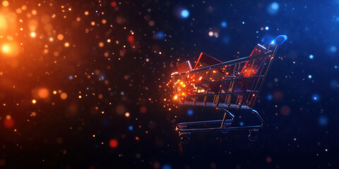 Poster - glowing shopping cart surrounded by floating particles in dark space