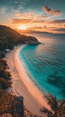 Poster - As the sun sets, its warm light reflects on the calm turquoise waters, illuminating the sandy beach nestled between lush greenery and distant hills. The scene exudes peace and tranquility