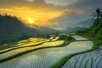 Aufkleber - A tranquil rice terrace landscape reflecting the golden hues of sunrise