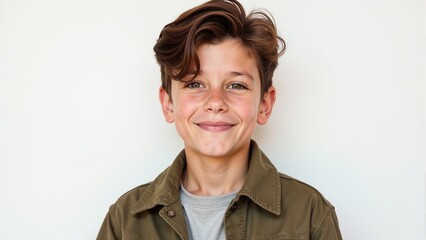 smiling boy in casual attire captures joy and innocence against a simple background