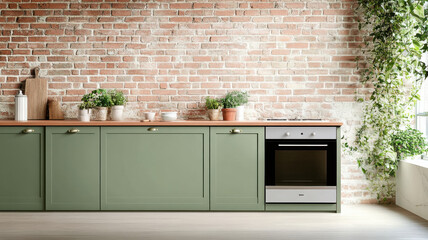 Wall Mural - Olive green kitchen cabinets with brick wall and plants