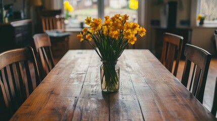Poster - A wooden dining table is adorned with a mason jar holding vibrant yellow daffodils, bringing a cheerful touch to the room. Natural light fills the space, enhancing the spring atmosphere.
