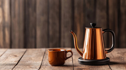 Wall Mural - Copper kettle and mug on rustic wooden table