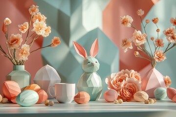 Wall Mural - Colorful Easter display featuring origami bunny, decorated eggs, and flowers. Concept explores Easter origami tutorials through vibrant decoration and creative design techniques.