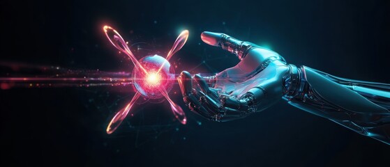 Aufkleber - Robotic Hand Touching Glowing Atom Cyberpunk Technology AI Machine Learning Data Science Connection Evolution