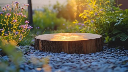 Poster - A peaceful spring garden features a wooden podium made from a tree stump, illuminated by golden sunlight. Colorful flowers bloom nearby, enhancing the tranquil atmosphere of this outdoor space.
