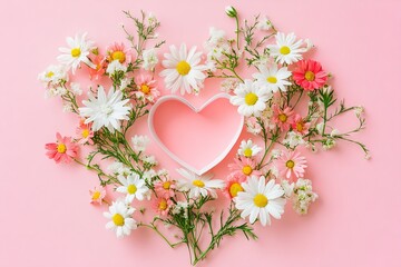 A heart encircled by colorful fresh flowers on a pastel pink background. This romantic and creative layout includes room for copy. Ideal for Valentine's Day, weddings, or any romantic visual trend.