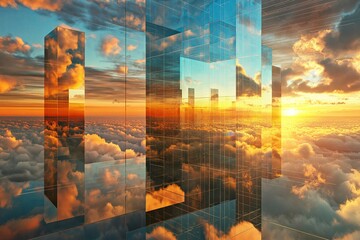 Aufkleber - A utopian glass city built in the clouds, reflecting the golden sunset