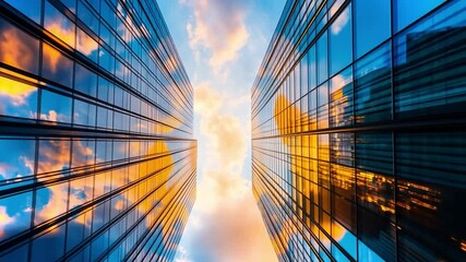 Poster - Tall buildings reflecting a vibrant sunset sky in a cityscape at dusk