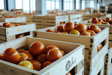 Wall Mural - tomato in wooden crates at the warehouse