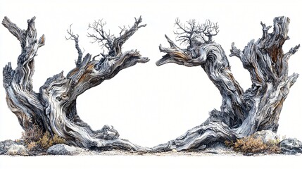 Ancient twisted trees frame, desert landscape, nature photography, design element