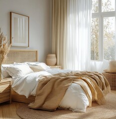 Aufkleber - Cozy Scandinavian Bedroom with Light Wood Furniture and Soft Textiles