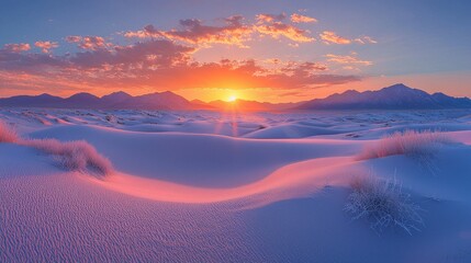Aufkleber - gentle waves of golden sand stretch endlessly as the sun dips below distant mountains, painting the 