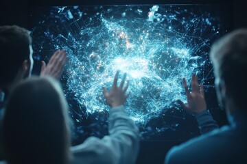 Poster - Professionals interacting with holographic interface in midair modern office data visualization collaborative environment engaging viewpoint technology and innovation