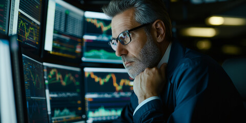 Fototapete - Financial analyst watching stock market data on multiple computer screens in office at night