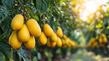 Ripe yellow mangoes hanging on tree branches in orchard.