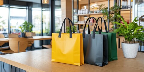 Poster - Colorful Shopping Bags on Wooden Table in Modern Café with Lush Green Plants and Bright Natural Light from Large Windows