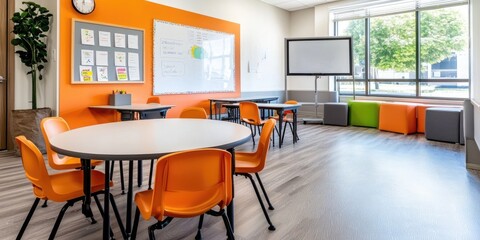 Aufkleber - vibrant classroom with educational posters and interactive learning materials on desks