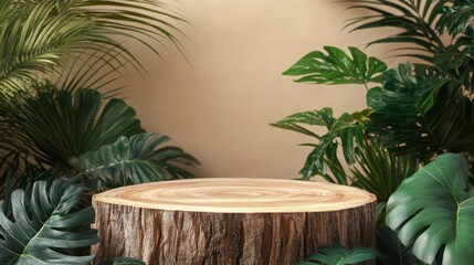 Aufkleber - A wooden podium set against a backdrop of vibrant green tropical foliage. Sunlight filters through the leaves, creating a serene spring atmosphere perfect for an event or presentation.