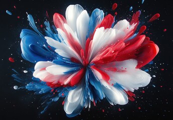 Poster - Abstract explosion of red, white, and blue paint on a dark background creating a vibrant and dynamic visual experience of color and motion