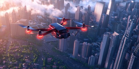 Aufkleber - autonomous drone flying over urban landscape showcasing technology integration and AI in smart cities