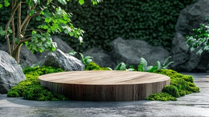 Aufkleber - A wooden podium sits elegantly in a serene outdoor environment, surrounded by lush green foliage and natural stones.