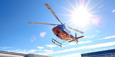Poster - Emergency helicopter landing on hospital roof, dramatic perspective, clear skies, action-oriented