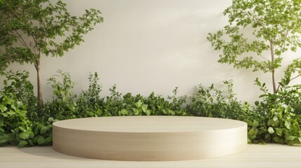 Aufkleber - A wooden podium stands prominently amidst vibrant green plants in a serene environment. This setup is perfect for a spring event focused on nature and sustainability.
