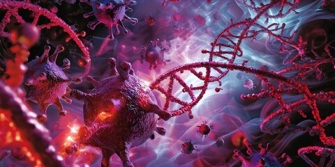 Poster - Artistic depiction of DNA strands intertwining with cellular structures in a scientific environment