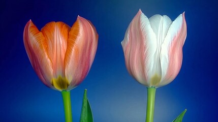 Wall Mural - Two pink and white tulips on a blue background