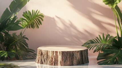 Aufkleber - A natural podium made from a tree stump is positioned amidst vibrant green plants in a calm environment.