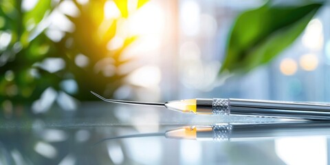 Poster - Detailed macro shot of a scalpel and forceps against a blurred medical environment, showcasing surgical precision, neutral background
