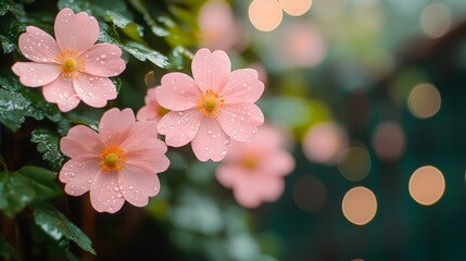 Canvas Print - Delicate pink flowers adorned with droplets, surrounded by lush greenery and a soft bokeh background, perfect for use in nature blogs, greeting cards, or floral-themed marketing materials,