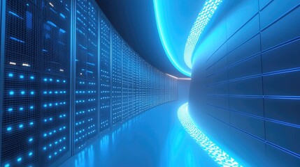 Poster - Cutting-edge server room with illuminated blue lights, curved walls, and advanced server racks, creating a futuristic ambiance. Perfect for IT, cloud, and data technology visuals