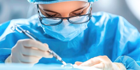 Poster - Surgeon applying precision with robotic surgical tools, showcasing the intersection of technology and medicine, neutral background