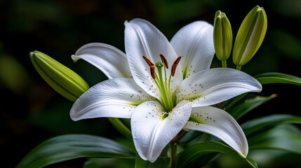 Wall Mural - A white lily with green leaves in the background