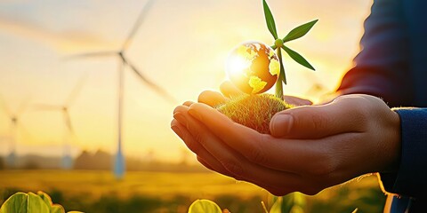 Leinwandbilder - Hands holding a small globe surrounded by wind turbines, symbolizing global sustainability and technological advancement, easy neutral background