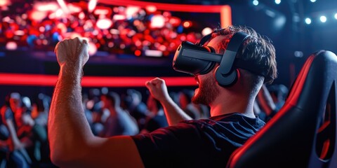Aufkleber - virtual reality gaming tournament scene, spectators cheering, high-energy competitive atmosphere, neutral background