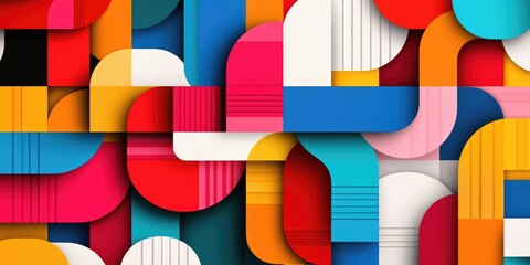 Fototapete - Colorful Geometric Abstract Background with Bold Shapes in Red, Blue, Yellow, Pink, and White - Perfect for Modern Design Projects and Digital Art