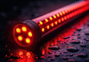 Poster - Close-up of a bright red LED light tube on wet surface, showcasing vivid colors and reflections, ideal for artistic and modern design projects.