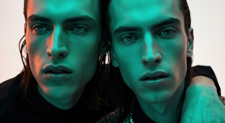 Two young caucasian males in dramatic lighting with close expressions