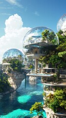 Poster - Exploring a captivating underwater city with transparent domes and bioluminescent structures marine life and humans coexisting gigapixel perspective