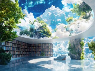 Poster - Exploring floating holograms futuristic library digital books whimsical environment aerial view imaginative concept